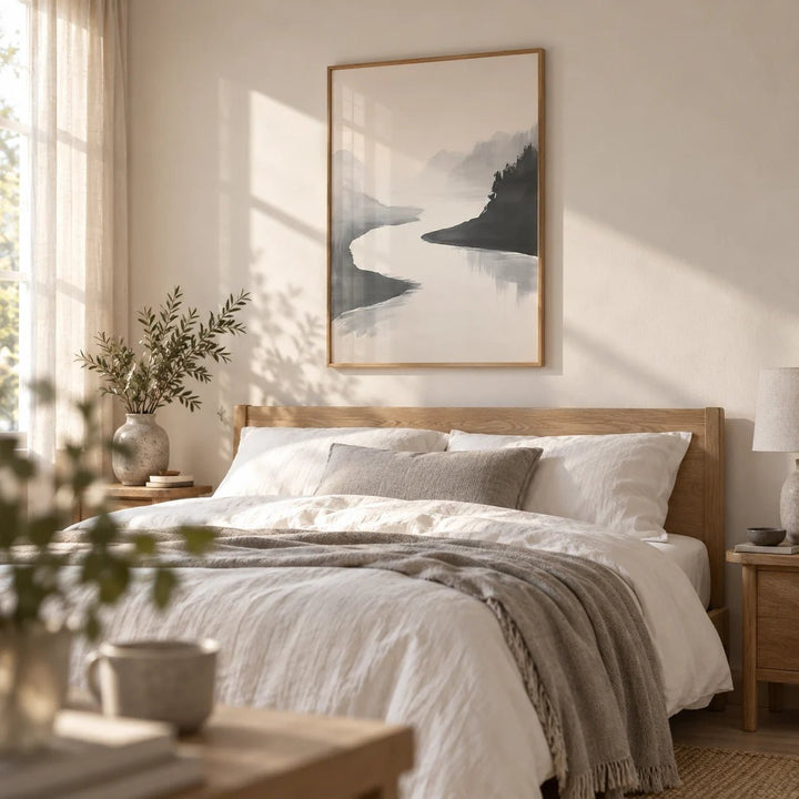 Japanese Ink Wash Painting, framed on the wall of a soft bedroom