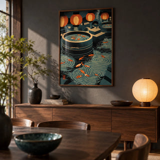 Japanese Koi Art Print, framed on the wall of a Japanese-modern dining room with a charcoal wall