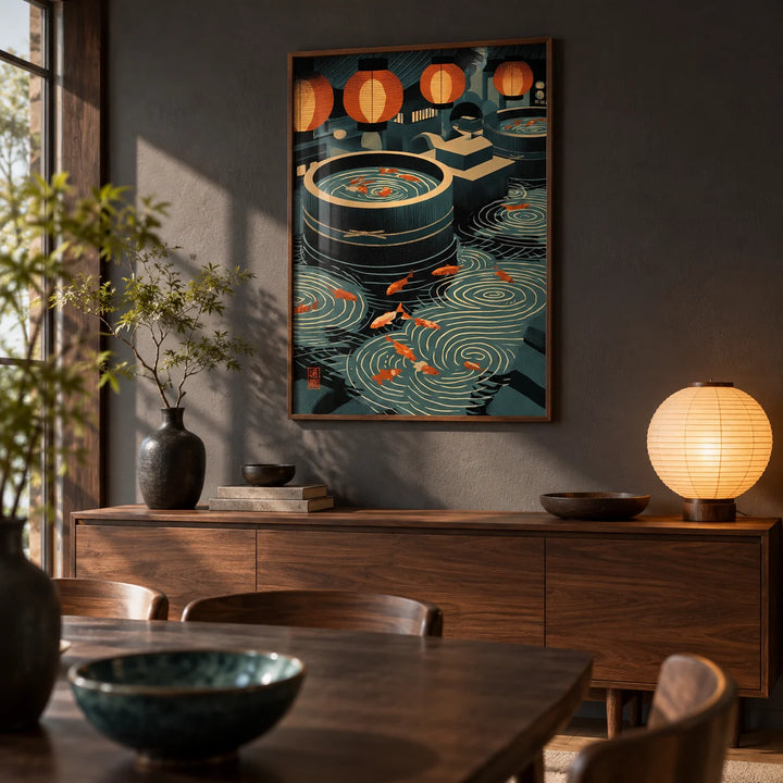 Japanese Koi Art Print, framed on the wall of a Japanese-modern dining room with a charcoal wall