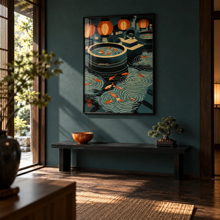 Japanese Koi Art Print, framed on the wall of a Japanese-style entrance hall with dark wood floorboards and a deep teal wall