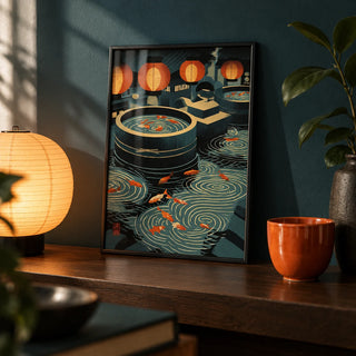 Japanese Koi Art Print, a small A4 framed print leaning on a dark wood shelf in a living room