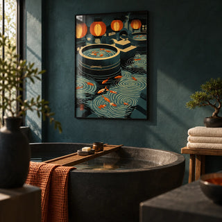 Japanese Koi Art Print, framed on the wall of a spa-like bathroom with dark teal plaster walls