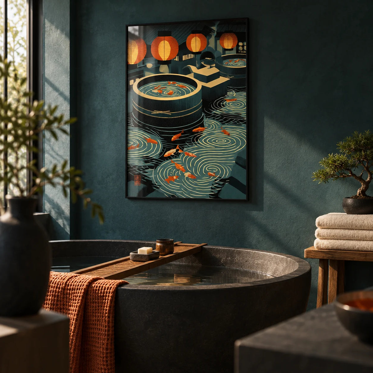 Japanese Koi Art Print, framed on the wall of a spa-like bathroom with dark teal plaster walls