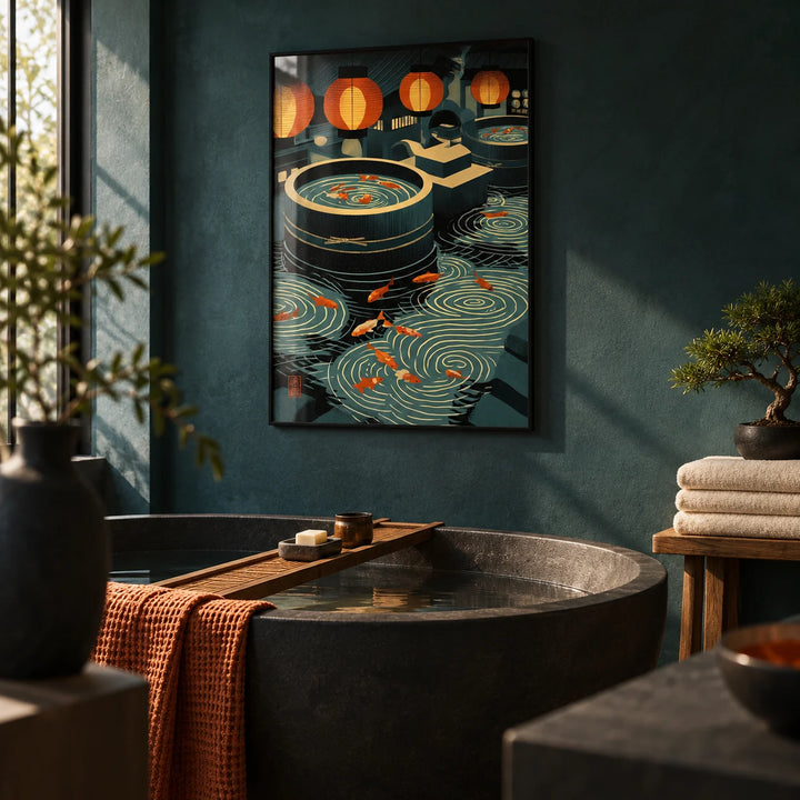 Japanese Koi Art Print, framed on the wall of a spa-like bathroom with dark teal plaster walls