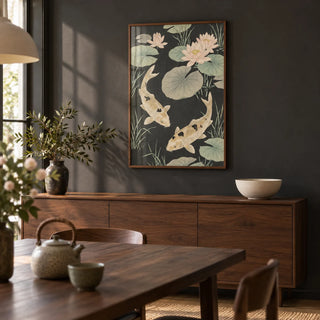 Japanese Koi Carp Art, framed on the wall of a calm dining room with a charcoal painted wall