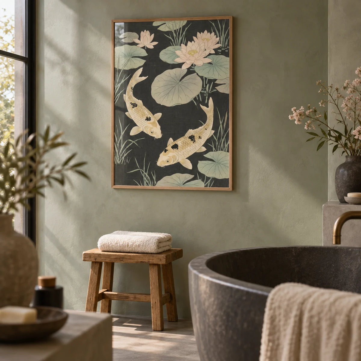 Japanese Koi Carp Art, framed on the wall of a calm spa bathroom with a sage green microcement wall