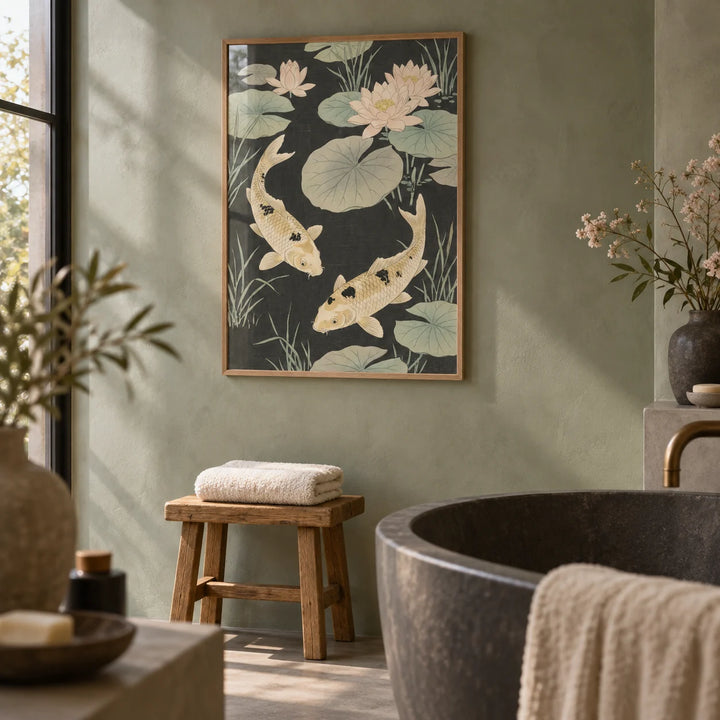 Japanese Koi Carp Art, framed on the wall of a calm spa bathroom with a sage green microcement wall