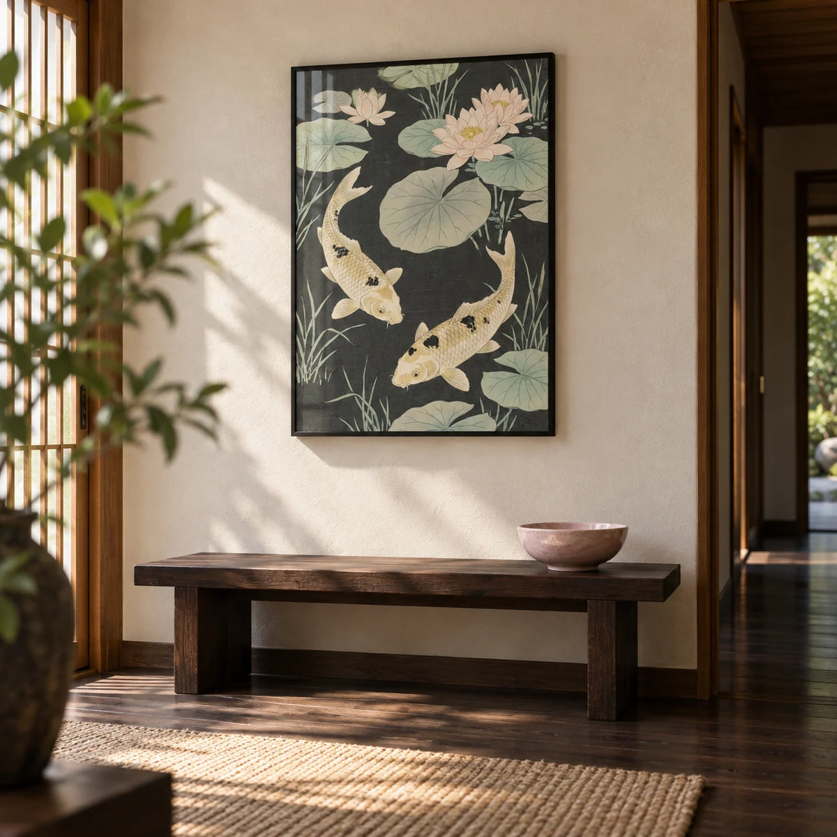 Japanese Koi Carp Art, framed on the wall of a Japanese-style entrance hall with dark wood floorboards and a cream plaster wall