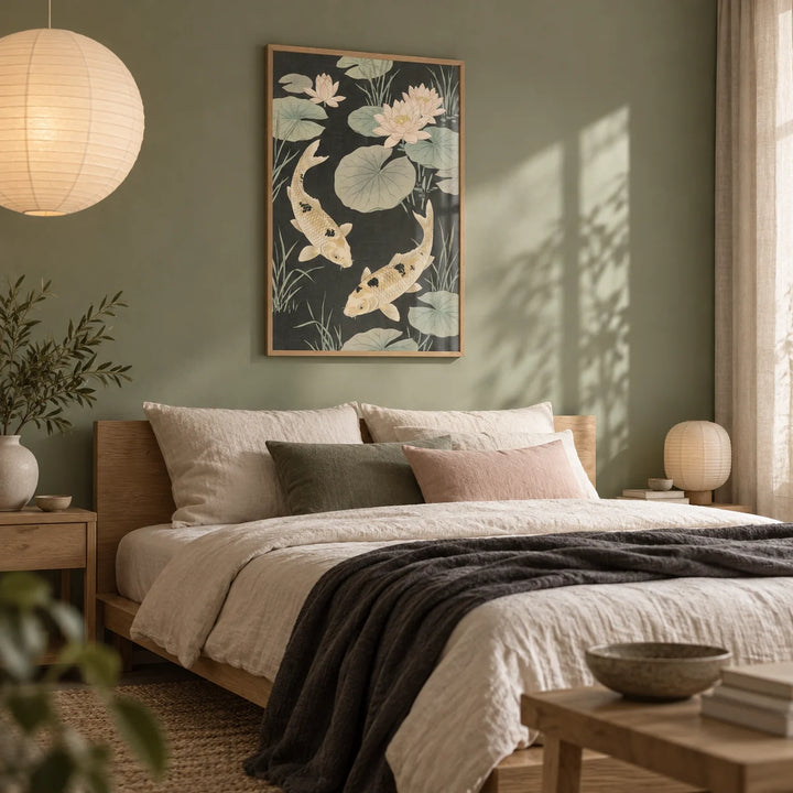 Japanese Koi Carp Art, framed on the wall of a serene Japandi bedroom with a sage green wall