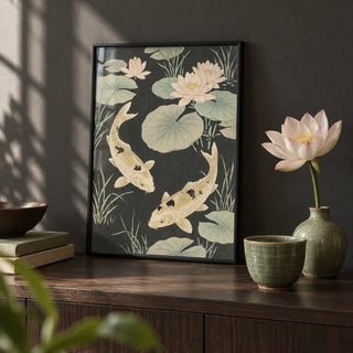 Japanese Koi Carp Art, a small A4 framed print leaning on a dark wood shelf in a living room