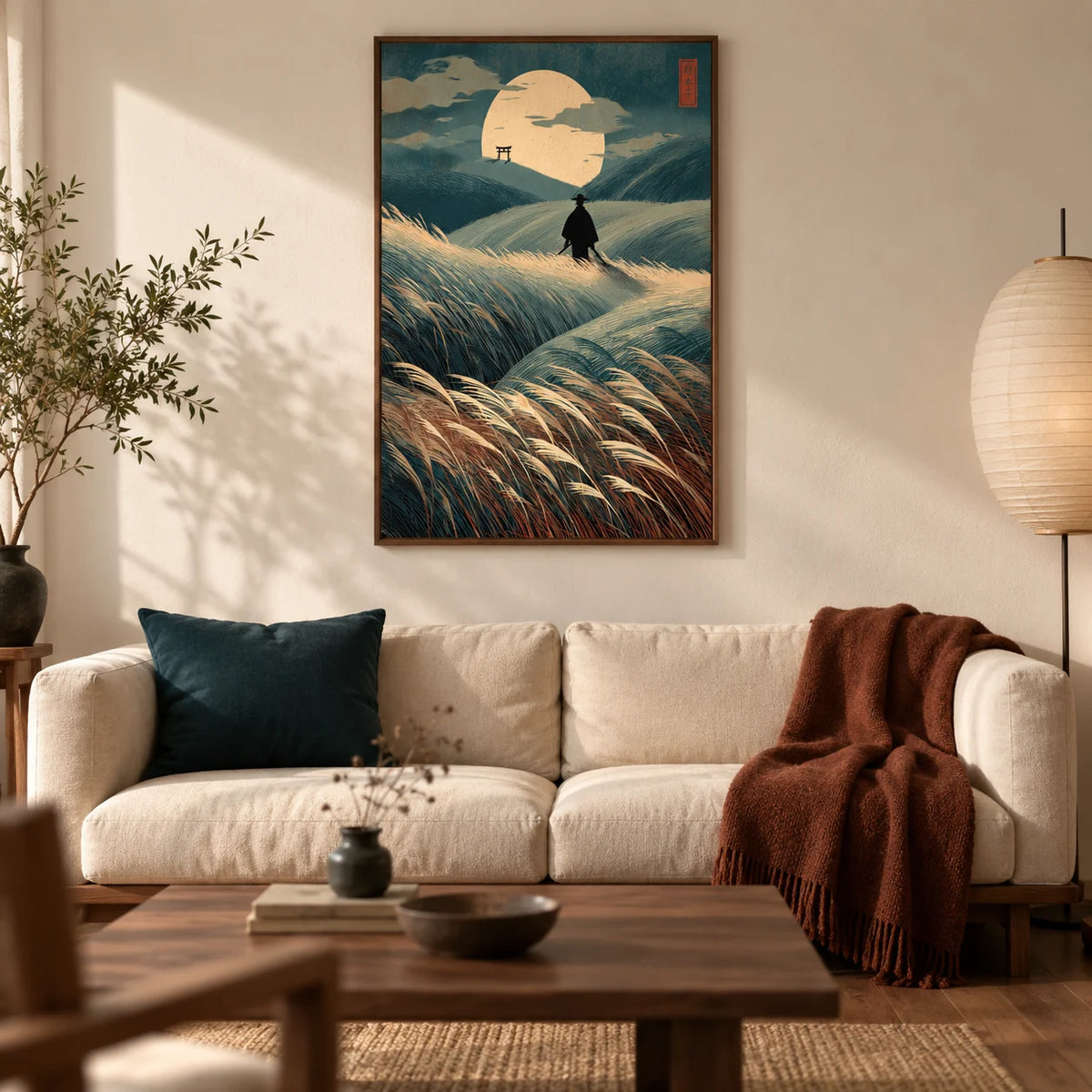 Japanese Landscape Art, framed on the wall of a calm Japanese-inspired living room in a UK flat with a warm white plaster wall and walnut floorboards