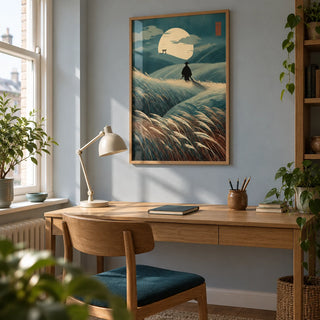 Japanese Landscape Art, framed on the wall of a peaceful home study in a UK flat with a pale blue-grey wall and an oak desk beside the window