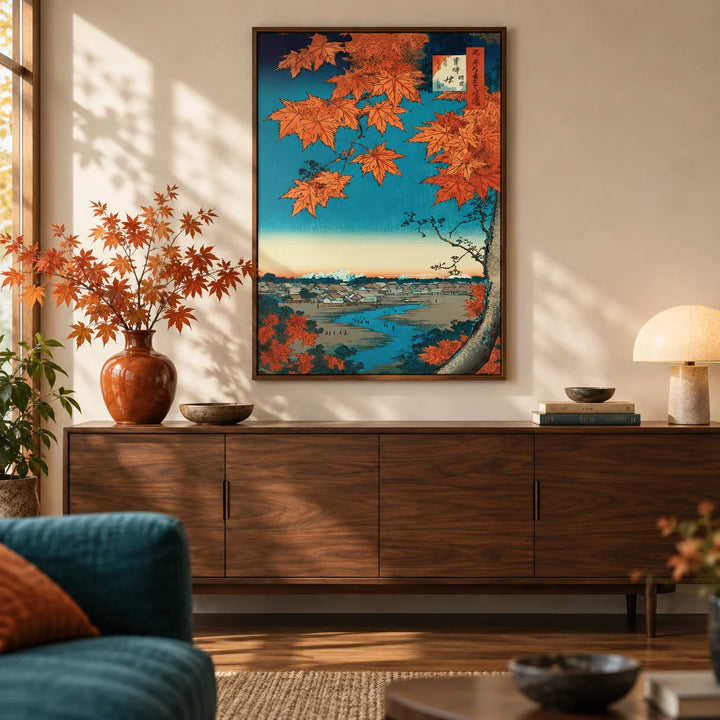 Japanese Landscape Art Print, framed on the wall of a warm living room with a cream wall and a walnut floor
