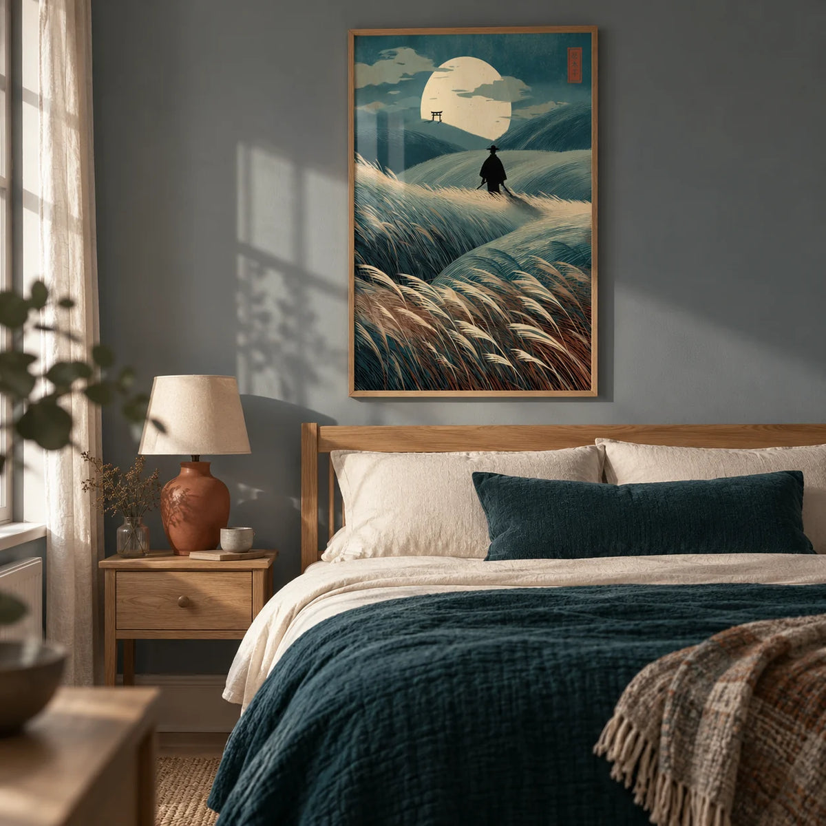 Japanese Landscape Art, framed on the wall of a restful bedroom in a UK terraced house with a muted blue-grey wall and pale oak furniture