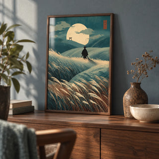 Japanese Landscape Art, a small A4 framed print leaning on a walnut sideboard in a living room