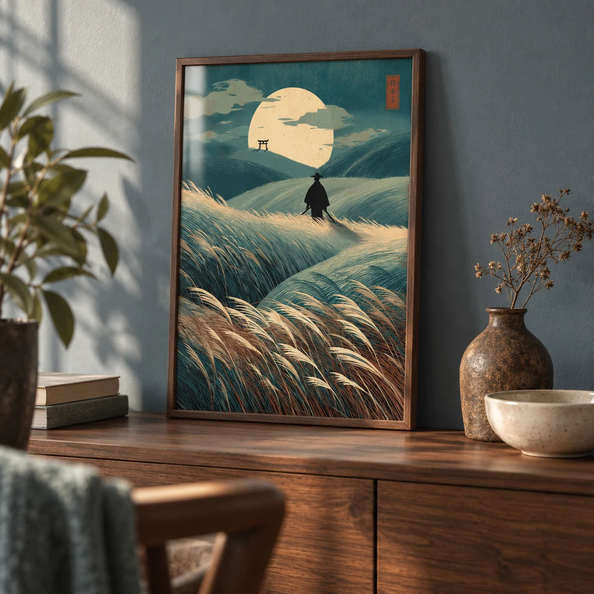 Japanese Landscape Art, a small A4 framed print leaning on a walnut sideboard in a living room
