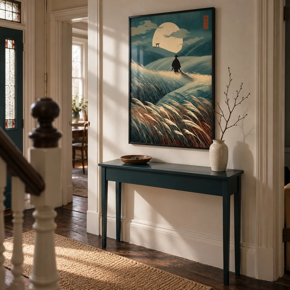 Japanese Landscape Art, framed on the wall of a welcoming hallway in a UK Victorian terrace with warm white walls and dark wooden floorboards