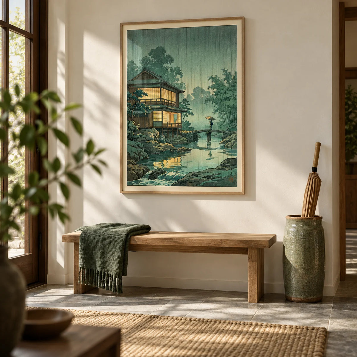 Japanese Landscape Wall Art, framed on the wall of a calm entrance hall with a warm white wall and a grey stone floor