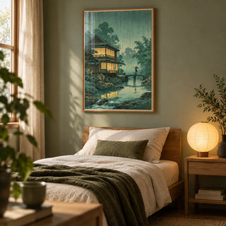 Japanese Landscape Wall Art, framed on the wall of a calm single bedroom with a soft sage green wall