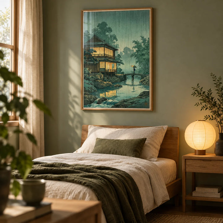 Japanese Landscape Wall Art, framed on the wall of a calm single bedroom with a soft sage green wall