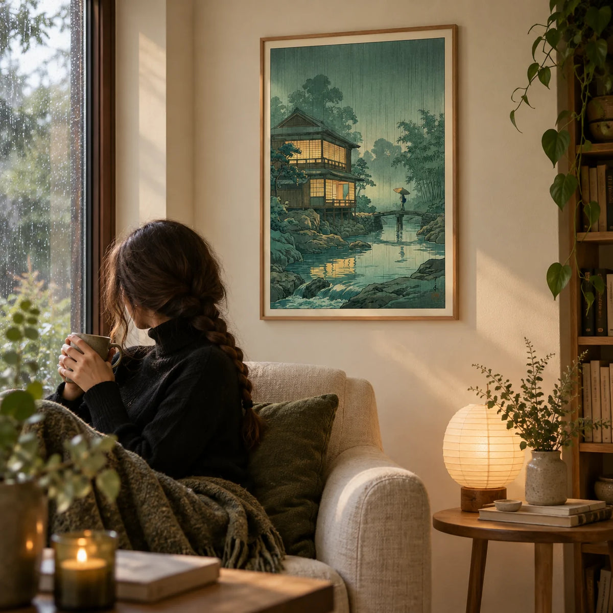 Japanese Landscape Wall Art, framed on the wall of a cosy reading nook by a rainy window with a warm cream wall in a living room