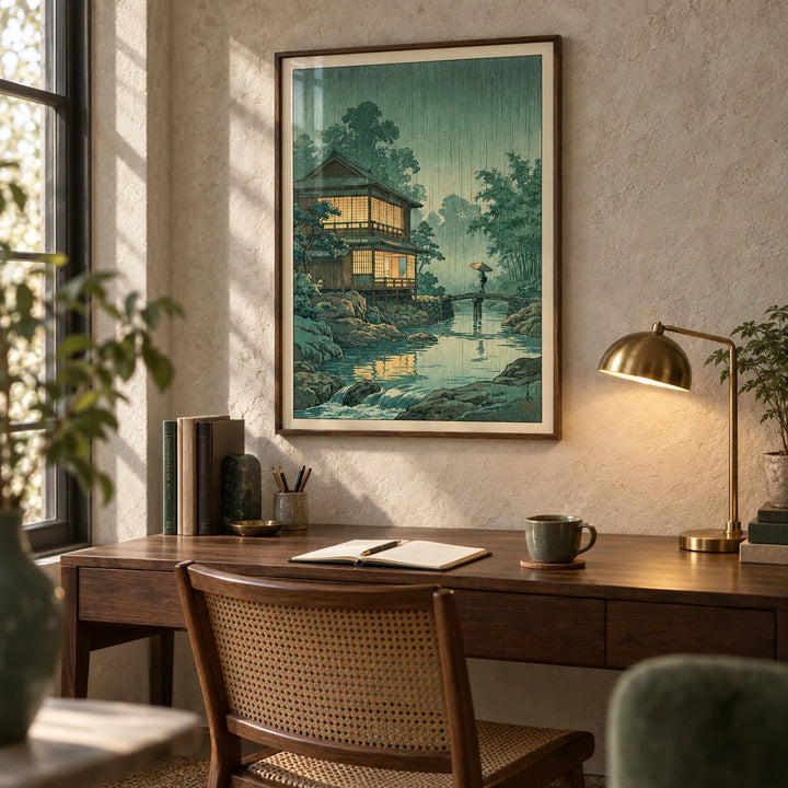 Japanese Landscape Wall Art, framed on the wall of a quiet study with a pale stone wall