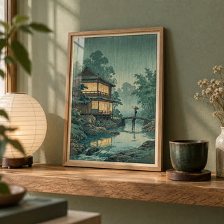 Japanese Landscape Wall Art, a small A4 framed print leaning on an oak shelf in a living room