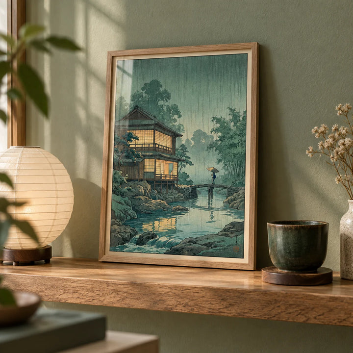 Japanese Landscape Wall Art, a small A4 framed print leaning on an oak shelf in a living room