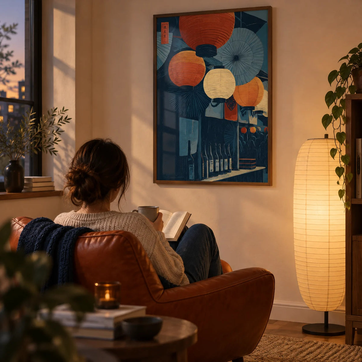 Japanese Lantern Wall Art, framed on the wall of a cosy reading corner at dusk with a cream wall in a living room