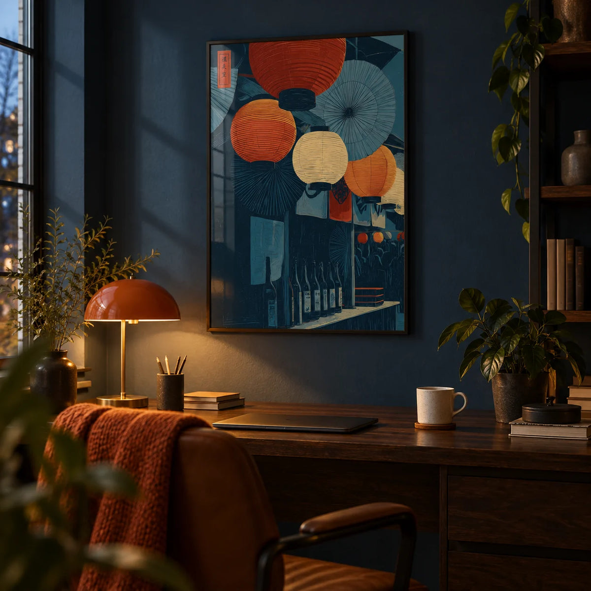 Japanese Lantern Wall Art, framed on the wall of a home office in the evening with a dark blue wall
