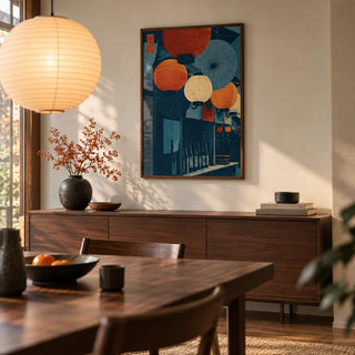 Japanese Lantern Wall Art, framed on the wall of a Japanese-modern dining room with a cream plaster wall