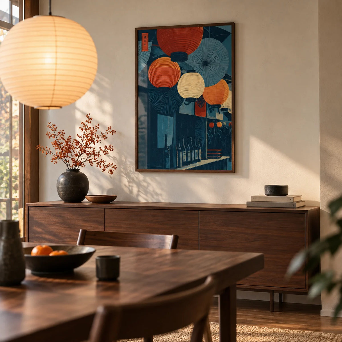 Japanese Lantern Wall Art, framed on the wall of a Japanese-modern dining room with a cream plaster wall