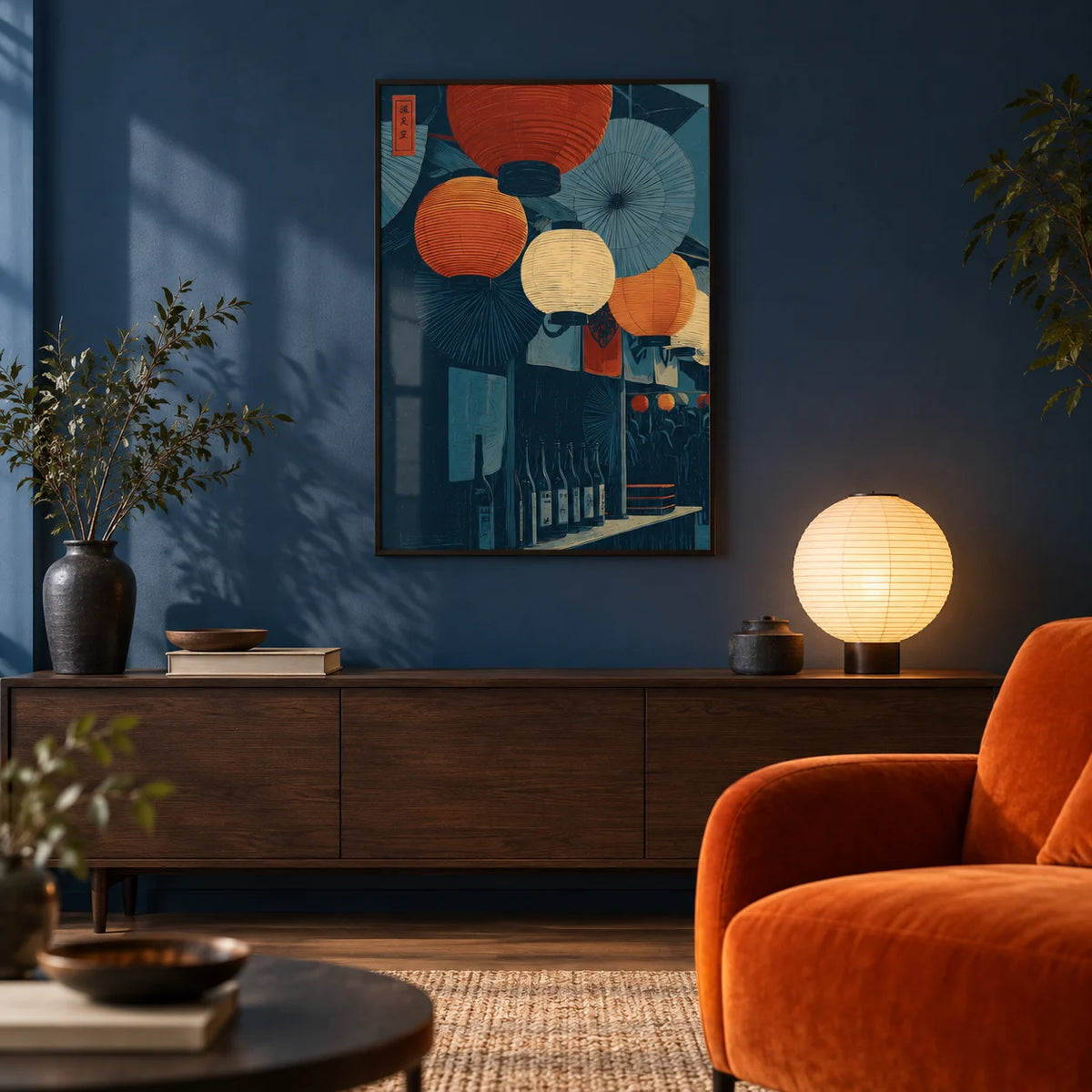 Japanese Lantern Wall Art, framed on the wall of a Japanese-modern living room with a solid deep night blue painted wall