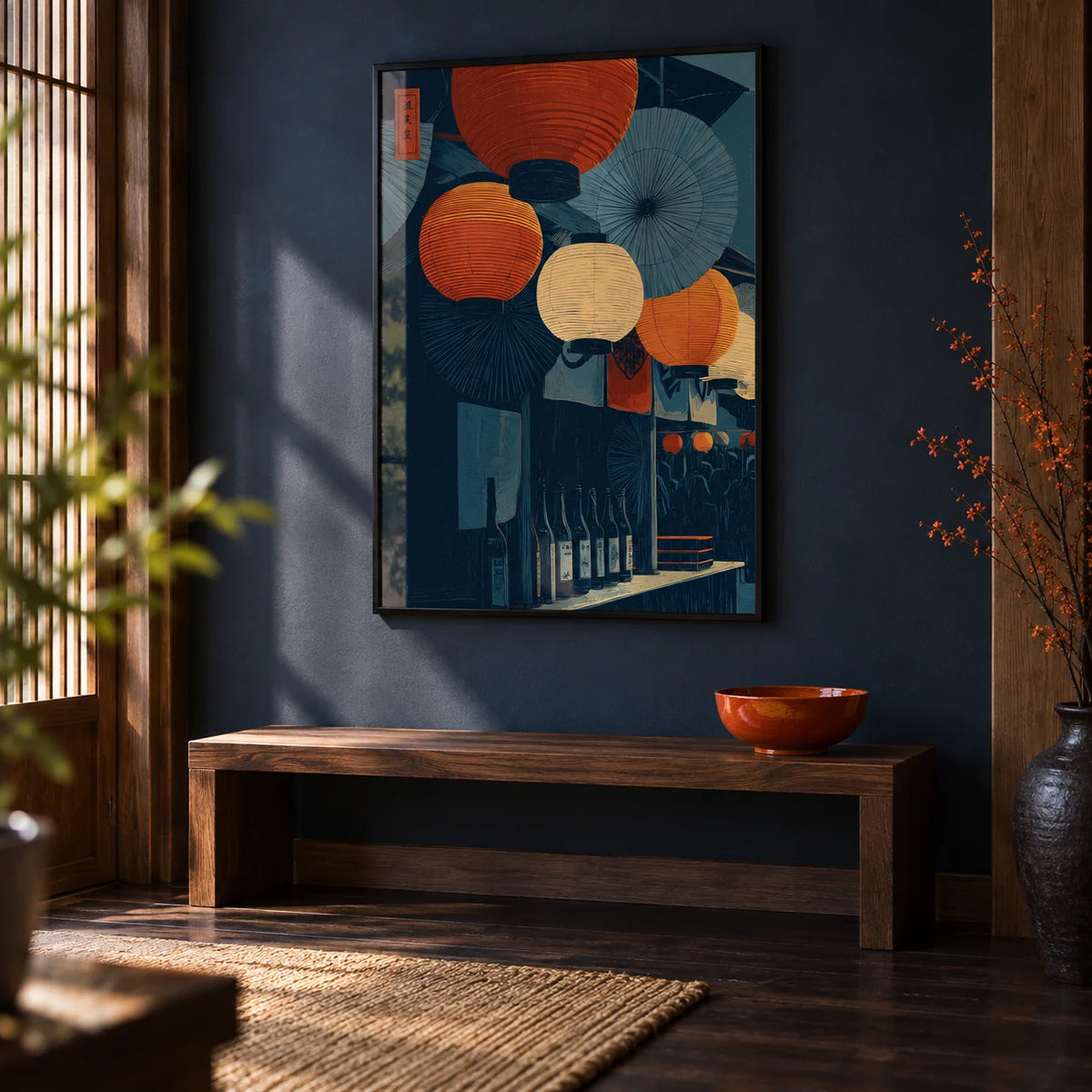 Japanese Lantern Wall Art, framed on the wall of a Japanese-style entrance hall with dark floorboards and a navy wall