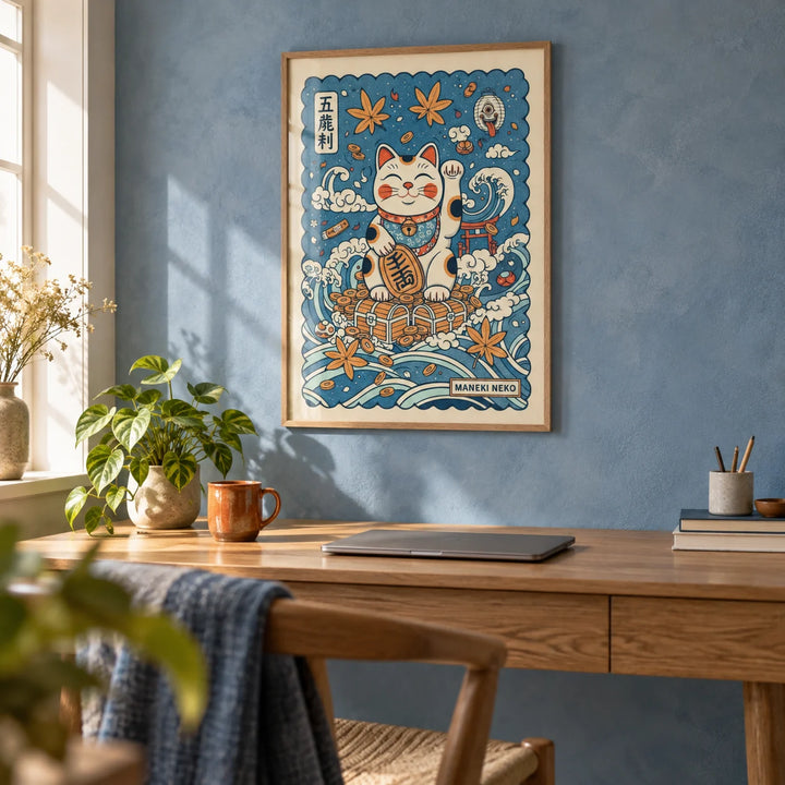 Lucky Cat Print, framed on the wall of a home office with a soft blue limewashed wall