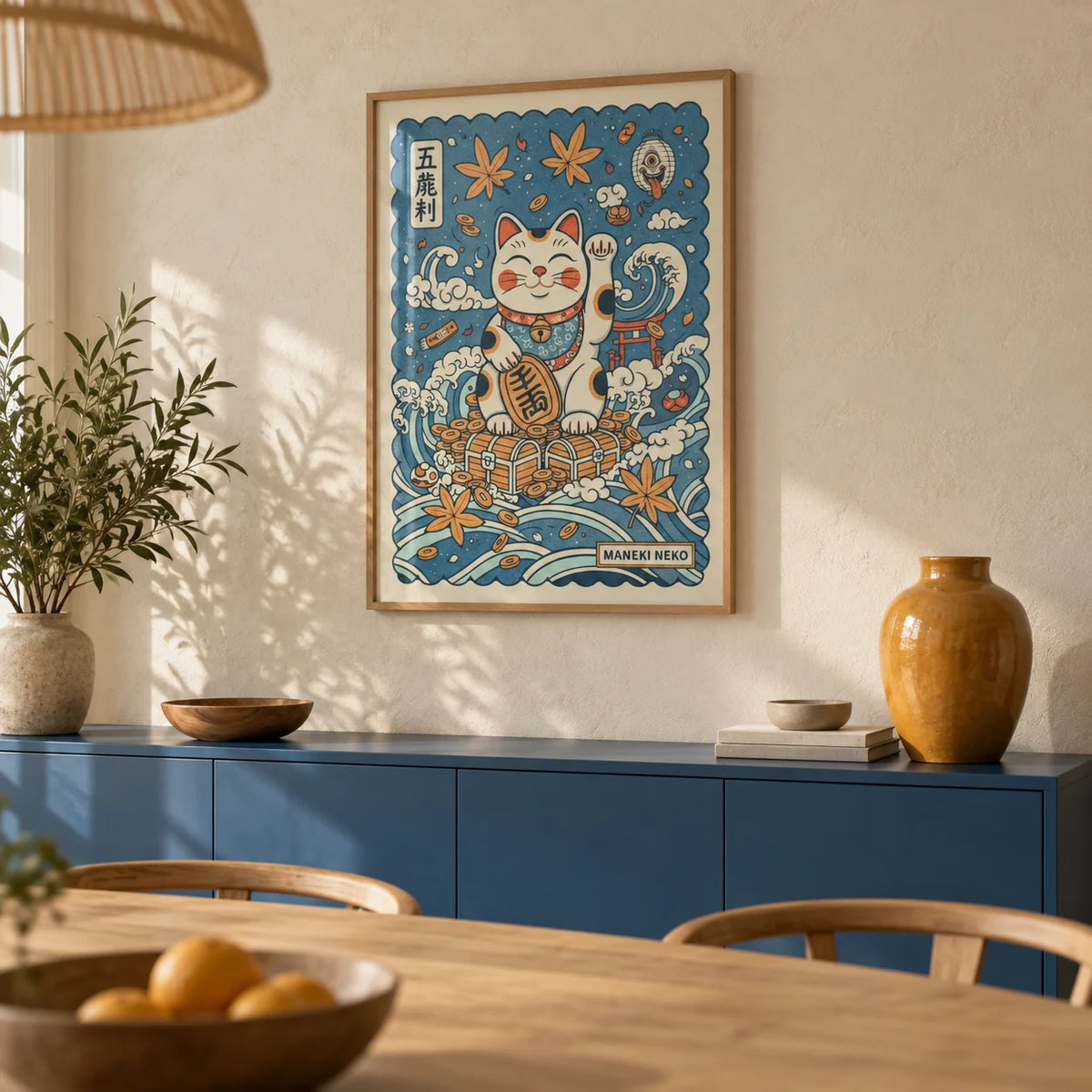Lucky Cat Print, framed on the wall of a Japandi dining room with a cream limewashed wall