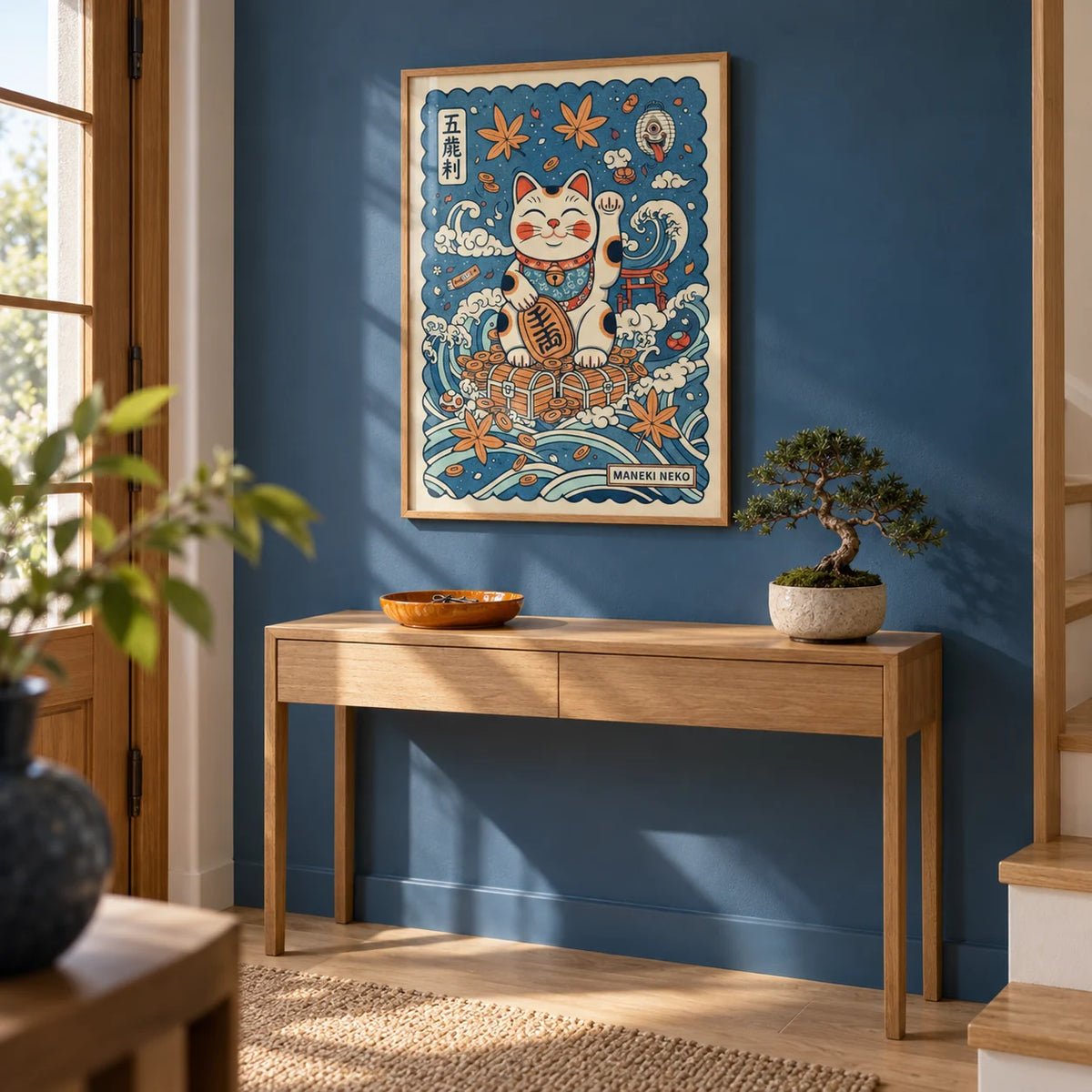 Lucky Cat Print, framed on the wall of a Japanese-modern entrance hall with a denim blue painted wall and pale oak floorboards
