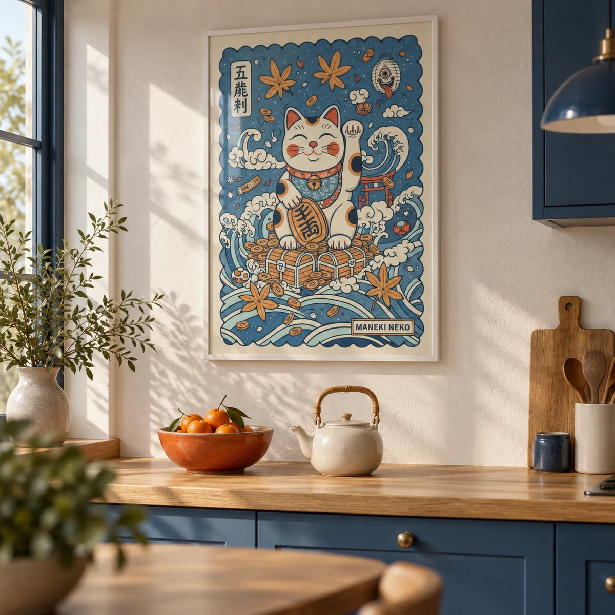 Lucky Cat Print, framed on the wall of a Japanese-modern kitchen with solid denim blue painted cabinets and warm white plaster walls