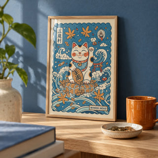 Lucky Cat Print, a small A4 framed print leaning on a pale oak shelf in a living room