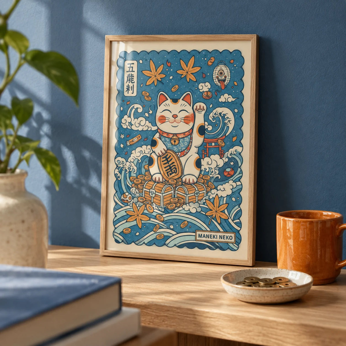 Lucky Cat Print, a small A4 framed print leaning on a pale oak shelf in a living room