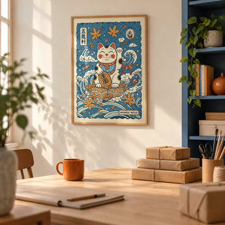 Lucky Cat Print, framed on the wall of a small business studio with a cream wall and a solid denim blue painted shelving unit in a home office
