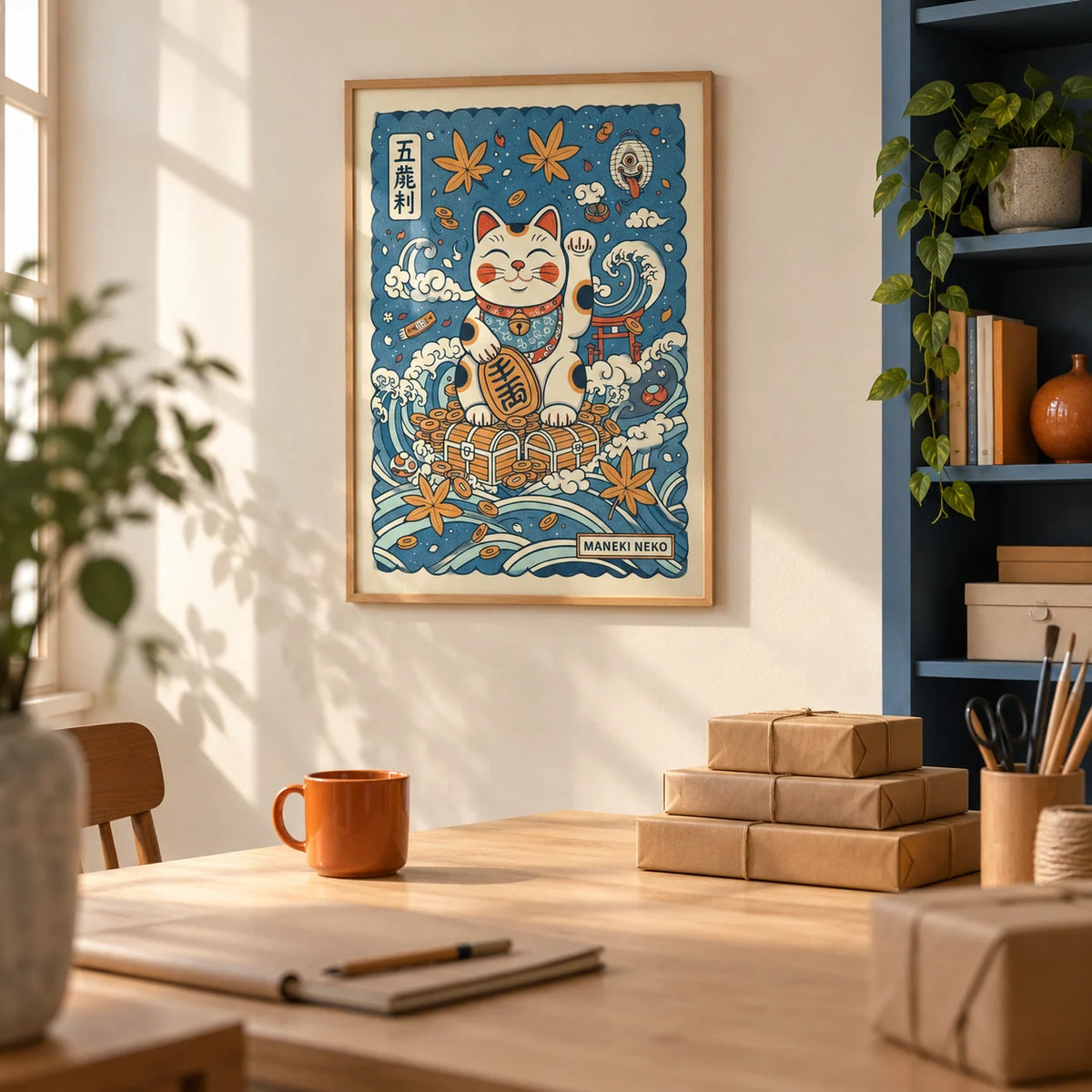 Lucky Cat Print, framed on the wall of a small business studio with a cream wall and a solid denim blue painted shelving unit in a home office