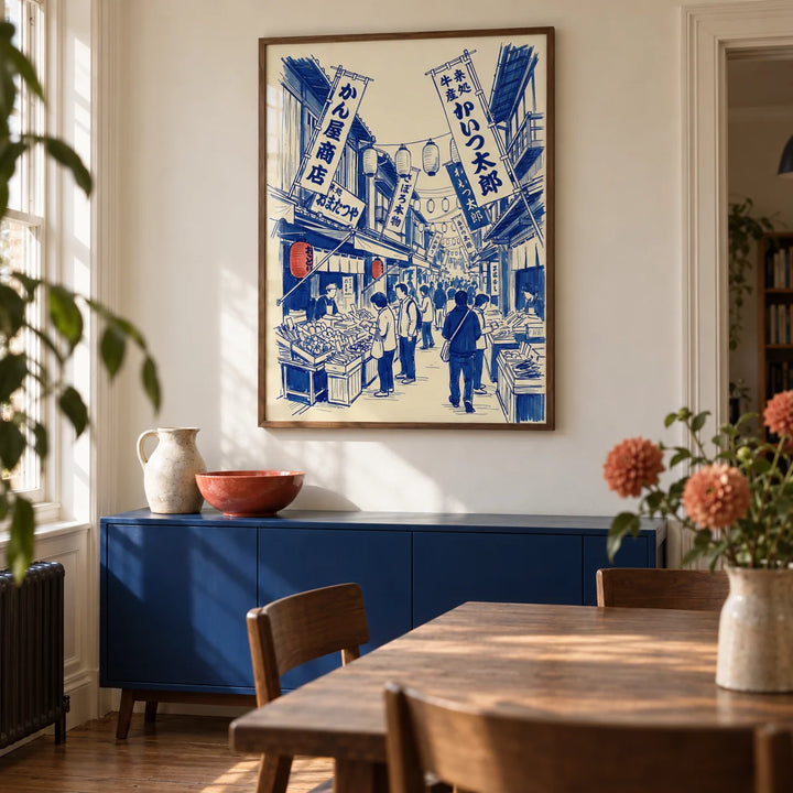 Japanese Market Art Print, framed on the wall of a characterful dining room in a Victorian terrace with a warm white wall and simple walnut furniture