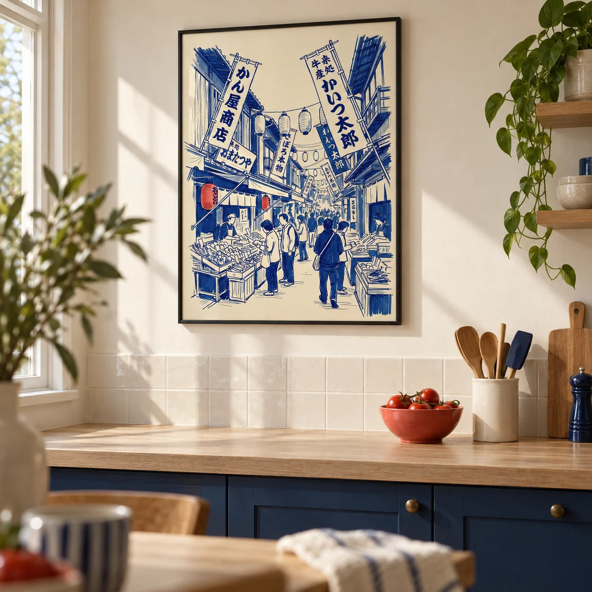 Japanese Market Art Print, framed on the wall of a compact modern kitchen in a first flat for a couple aged 25-35