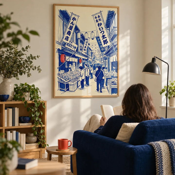 Japanese Market Art Print, framed on the wall of a quiet reading corner in a design-conscious UK flat with a cream wall and low oak shelving in a living room