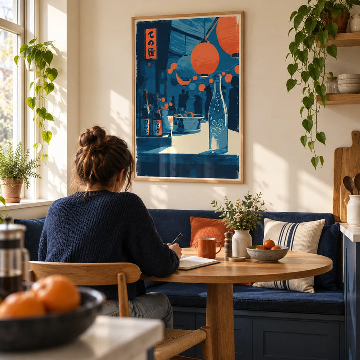 Japanese Market Wall Art, framed on the wall of a bright breakfast nook in a UK first flat for a food-loving adult (25-35) in a kitchen