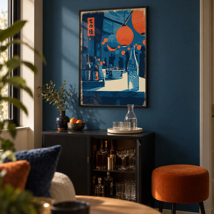 Japanese Market Wall Art, framed on the wall of a compact home bar alcove in a design-led UK living room with a petrol-blue wall and a narrow black drinks cabinet