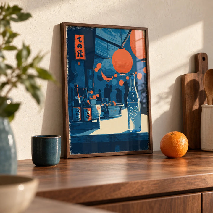 Japanese Market Wall Art, a small A4 framed print leaning on a shelf in a kitchen