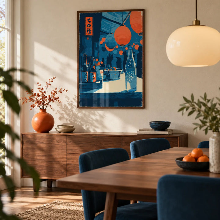 Japanese Market Wall Art, framed on the wall of a warm modern dining room with a cream plaster wall and walnut dining furniture