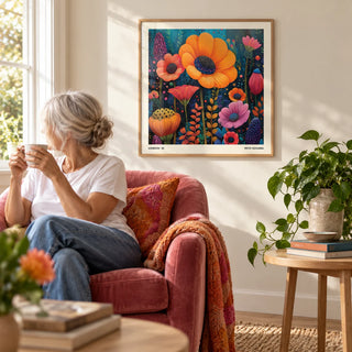 Japanese Modern Art, framed on the wall of a bright reading corner with a warm white wall in a living room